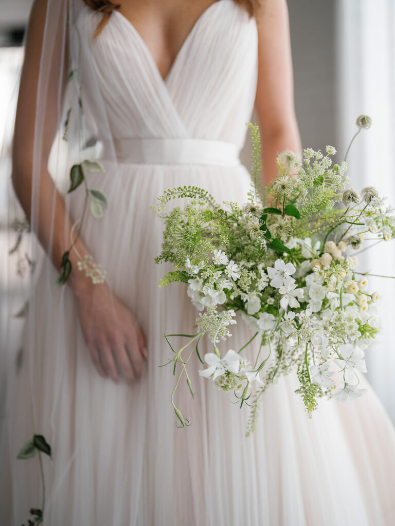 Classic white wedding bouquet with a whimsical style, Ever Blooming Floral in Puyallup, WA.
